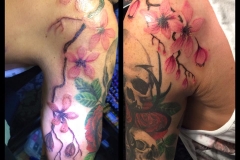 Cherry Blossom around Skull and Roses. Inkhaus Tattoo.