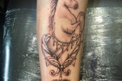 Greyscale Unicorn w/ gem and beading. Inkhaus Tattoo.
