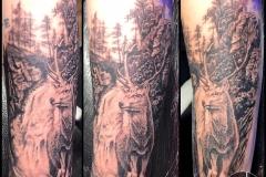 Greyscale Stag and Forest Scene. Inkhaus Tattoo.