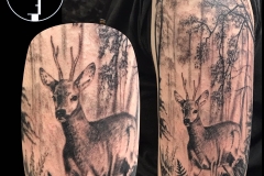 Greyscale Deer and Forest Scene. Inkhaus Tattoo.