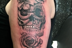 Greyscale Skull and Flowers. Inkhaus Tattoo.