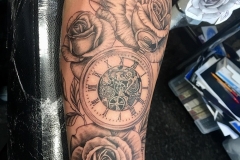 Greyscale Pocket Watch and Roses. Inkhaus Tattoo.