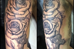 Greyscale Roses and Crucifix. Inkhaus Tattoo