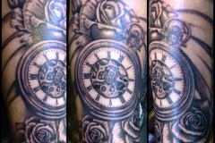 Greyscale Pocket Watch with Roses. Inkhaus Tattoo.