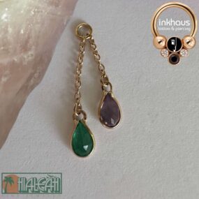Hialeah Fine Jewellery 14 Karat Yellow Gold Junto Charm w/ genuine Emerald & Amethyst.