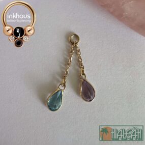 Hialeah Fine Jewellery 14 Karat Yellow Gold Junto Charm w/ genuine Amethyst & Swiss Blue Topaz.