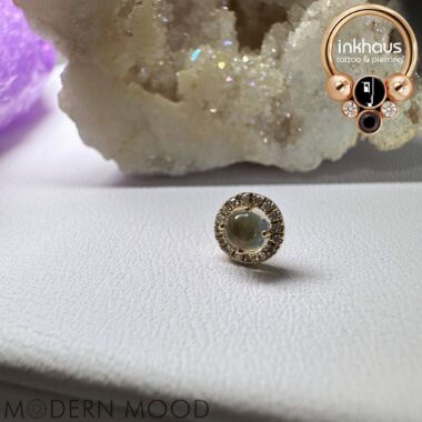 Modern Mood 14 Karat Yellow Gold Diamond Halo w/ Genuine Moonstone and White Diamonds.