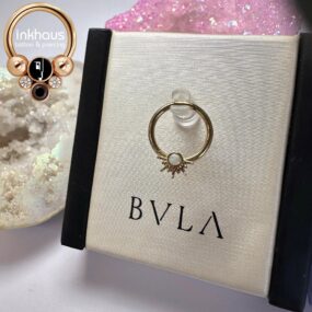 BVLA 14 Karat Yellow Gold Live To Tell Seam Ring w/ Genuine White Opal AAA.